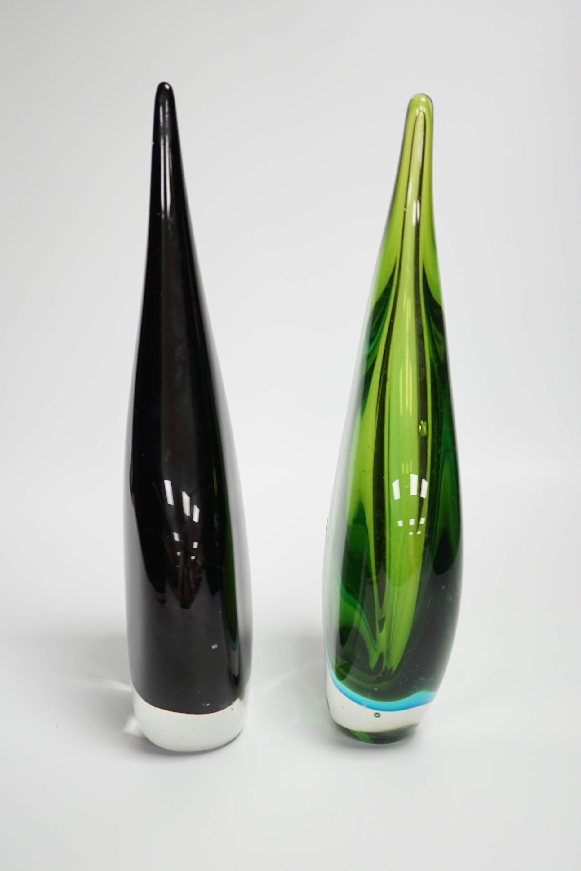 Two Murano coloured glass ornamental teardrop sculptures, 28cm high